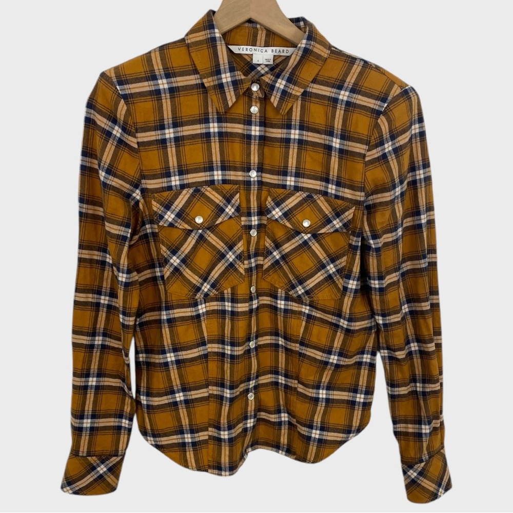 Veronica Beard Brown Plaid Barnette Button Down Flannel Shirt Size 4